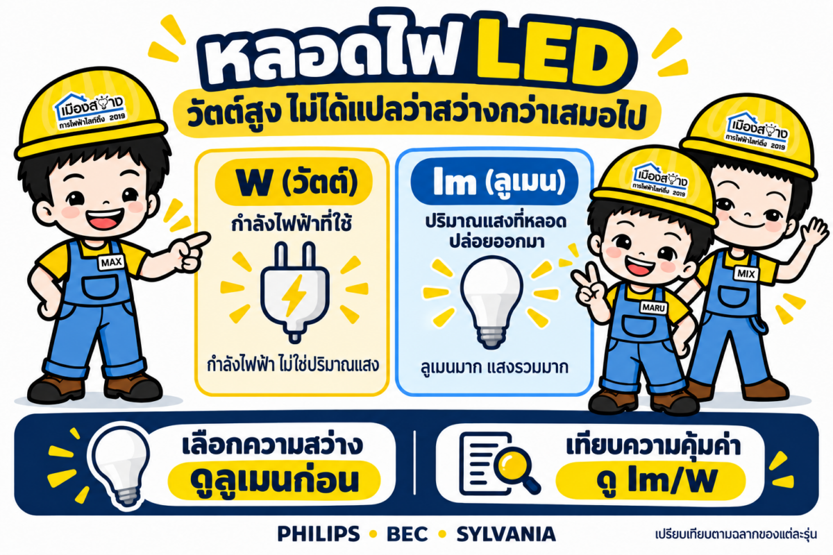 MAX MIX MARU อธิบายหลอดไฟ LED: วัตต์บอกกำลังไฟ ลูเมนบอกปริมาณแสง และ lm/W ใช้เทียบประสิทธิผลการส่องสว่าง