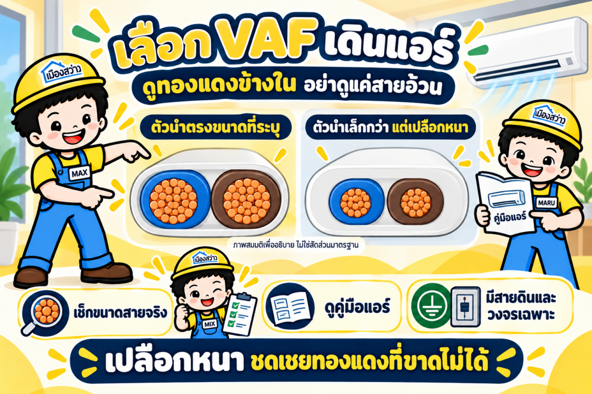 MAX MIX MARU อธิบายสาย VAF ตัวนำตรงขนาดเทียบกับตัวนำเล็กเปลือกหนา พร้อมข้อควรเช็กงานเดินแอร์ ภาพสมมติเพื่ออธิบาย